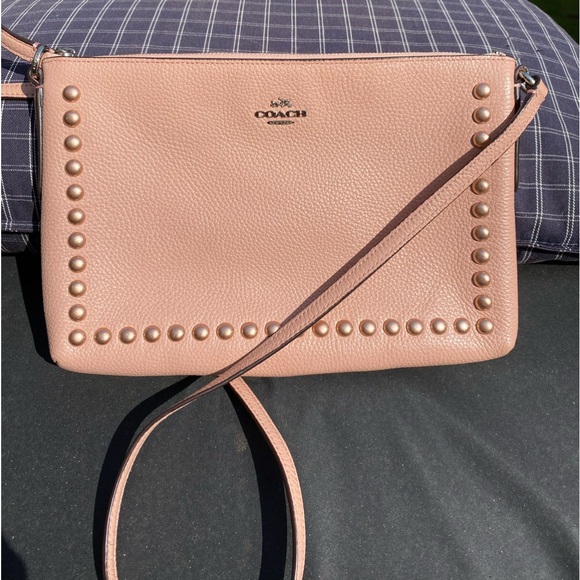 Coach leather pink bag 10x7 crossbody pebble leather with pink metallic studs. - Picture 1 of 3